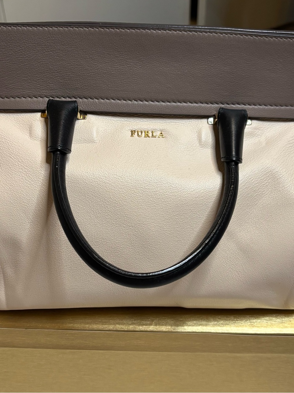 Furla Two-Tone Leather Tote in Cream, Gray and Black